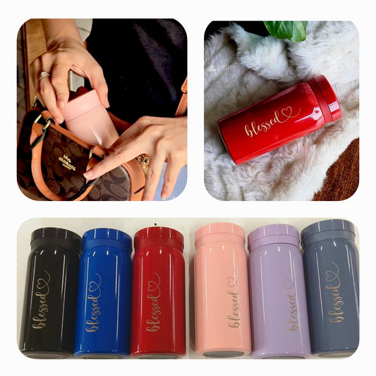 Collage of a person using a phone, a red 'blessed' water bottle, and six colorful 'blessed' water bottles.